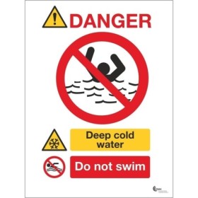 Danger deep cold water do not swim safety sign with prohibition symbol
