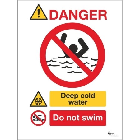 Danger deep cold water do not swim safety sign with prohibition symbol