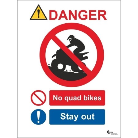 Danger no quad bikes stay out safety sign with prohibition symbol
