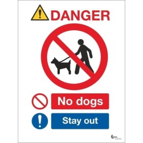 Danger no dogs sign with stay out instruction and prohibition symbol