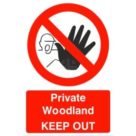Private Woodland Keep Out sign with red prohibition symbol