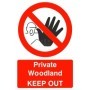 Private Woodland Keep Out sign with red prohibition symbol