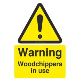 Warning woodchippers in use safety sign with yellow hazard symbol