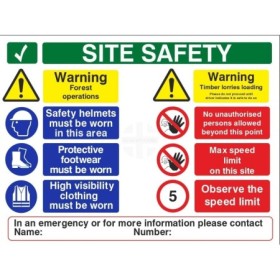Site safety warning forest operations sign with PPE requirements and access restrictions