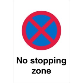 No stopping zone sign with red and blue prohibition symbol