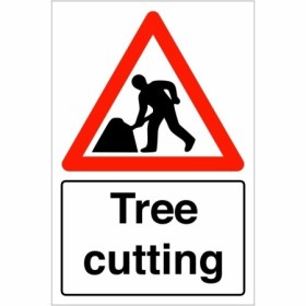 Tree cutting warning sign with worker symbol and red triangle