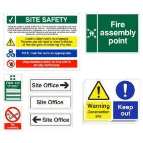 Construction site safety sign pack including fire assembly point first aid and warning signs