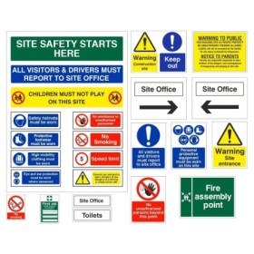 Pack of 30 essential construction site safety signs including warnings