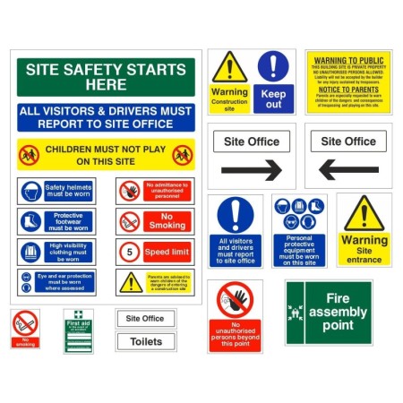 Pack of 30 essential construction site safety signs including warnings
