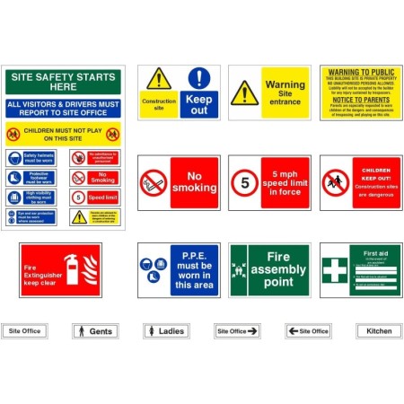 Pack of 20 construction site safety signs including warning