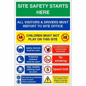 Safety Starts Here all visitors and drivers must report to site office sign
