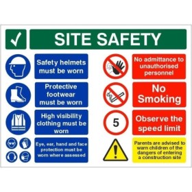 Safety starts here site safety multi message board with PPE and prohibition symbols
