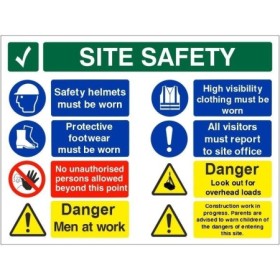Danger men at work multi message site safety board with PPE and hazard warnings