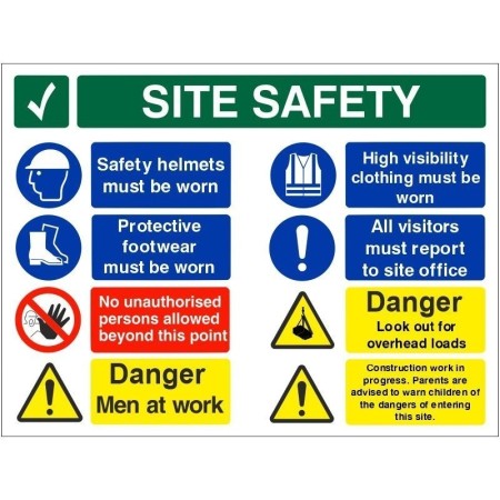 Danger men at work multi message site safety board with PPE and hazard warnings
