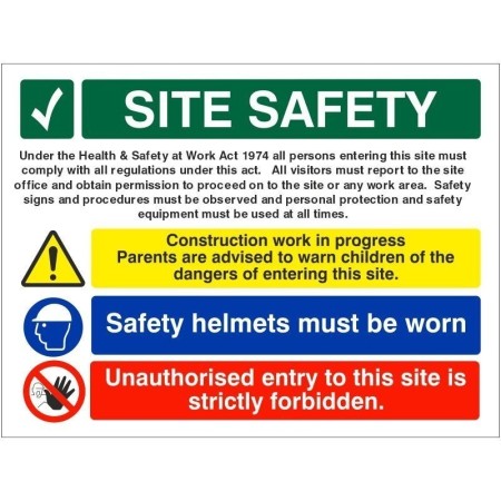 Site safety sign with PPE requirements and unauthorised entry strictly forbidden message