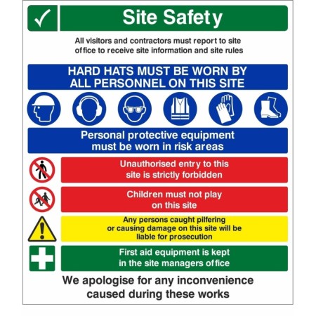 Site safety hard hats must be worn sign with PPE symbols and safety rules