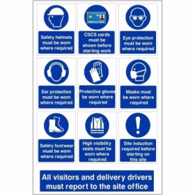 All visitors and delivery drivers must report to the site office multi message safety sign with PPE symbols