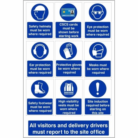 All visitors and delivery drivers must report to the site office multi message safety sign with PPE symbols