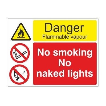 Danger flammable vapour no smoking no naked lights safety sign