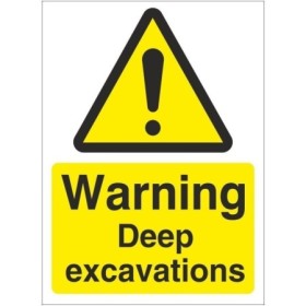 Warning deep excavations safety sign with hazard symbol