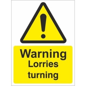 Warning Lorries Turning safety sign with hazard symbol and text