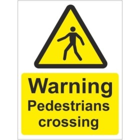 Warning pedestrians crossing sign with triangle symbol and text