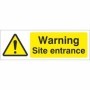 Warning site entrance sign with hazard symbol and yellow background
