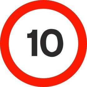 10 mph traffic speed limit sign with red circular border and black number