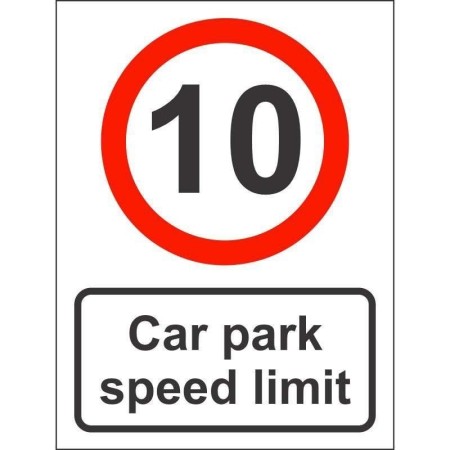 Car park speed limit 10mph safety sign with speed restriction symbol