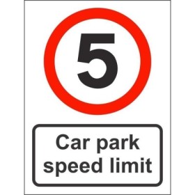 Car park speed limit 5 mph sign with red circle and text panel
