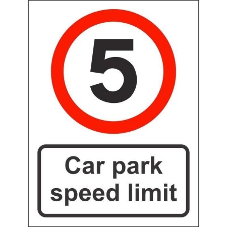 Car park speed limit 5mph safety sign with speed restriction symbol