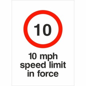 10 mph speed limit in force safety sign with red circle and text