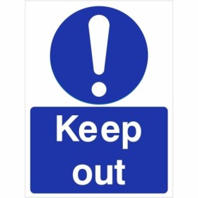 Keep Out mandatory safety sign with blue background and white text