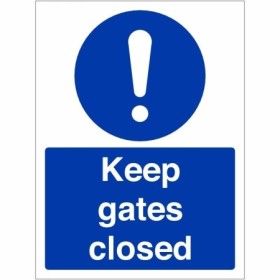 Keep Gates Closed mandatory safety sign with exclamation symbol