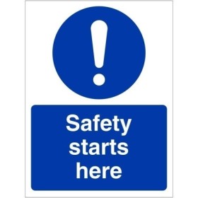 Safety starts here mandatory safety sign with blue background and white text