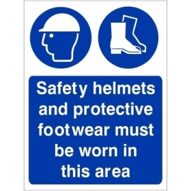 Safety helmets and protective footwear must be worn in this area mandatory sign