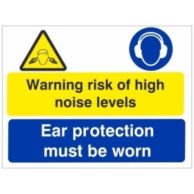 Warning risk of high noise levels sign with ear protection must be worn symbol