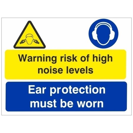 Warning risk of high noise levels sign with ear protection must be worn symbol