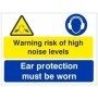 Warning risk of high noise levels sign with ear protection must be worn symbol