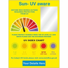 Sun UV aware sign with UV index chart and sun safety guidance