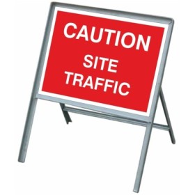 Caution Site Traffic road sign with white text on red background