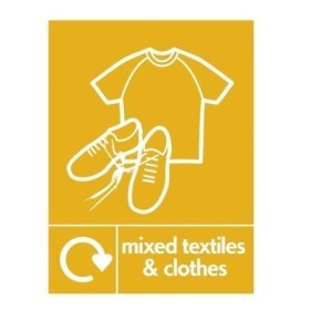 Mixed textiles and clothes recycling sign with clothing and shoe symbol