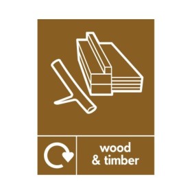 Wood and timber recycling sign with symbol and text for waste segregation