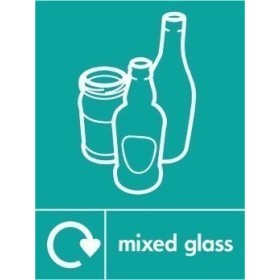 Mixed glass recycling sign with bottle icons and green background