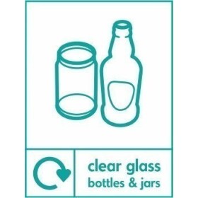 Clear glass bottles and jars recycling sign with icon and text