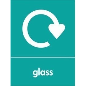 Glass recycling sign with recycling symbol and glass text
