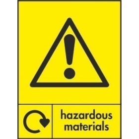 Hazardous materials recycling sign with warning triangle and exclamation mark