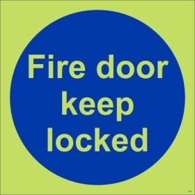 Glow in the dark Fire Door Keep Locked door sign with photoluminescent background and blue mandatory symbol
