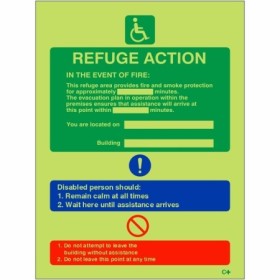 Glow in the dark refuge fire action notice sign with instructions for disabled persons