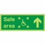 Glow in the dark arrow up safe area sign with wheelchair accessibility symbol